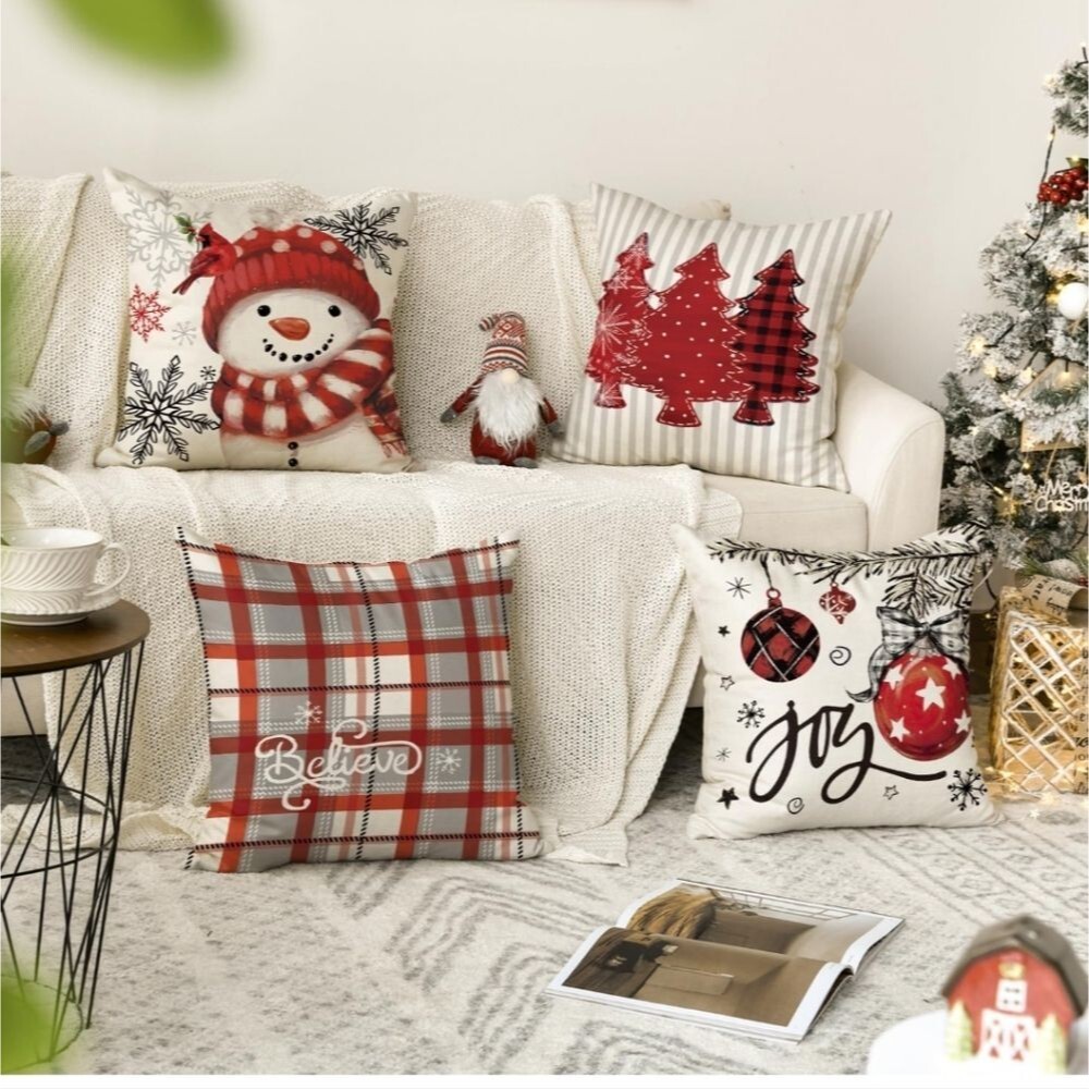 Set of 4 Throw Pillow Covers Snowman, Joy, Believe, Christmas Trees 18"x18"